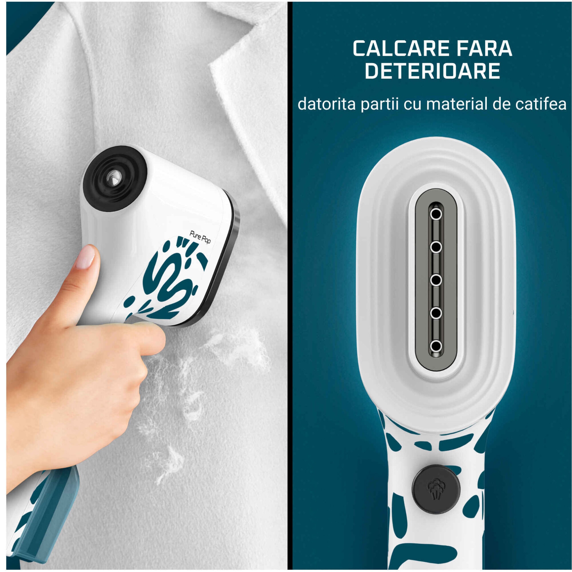 Aparat de calcat vertical cu abur Tefal Pure Pop, DT2040E1, 1300 W, abur variabil pana la 20 g/min, 2recipiente apa 70ml si 120ml, gata de utilizare in 15s, albastru/alb