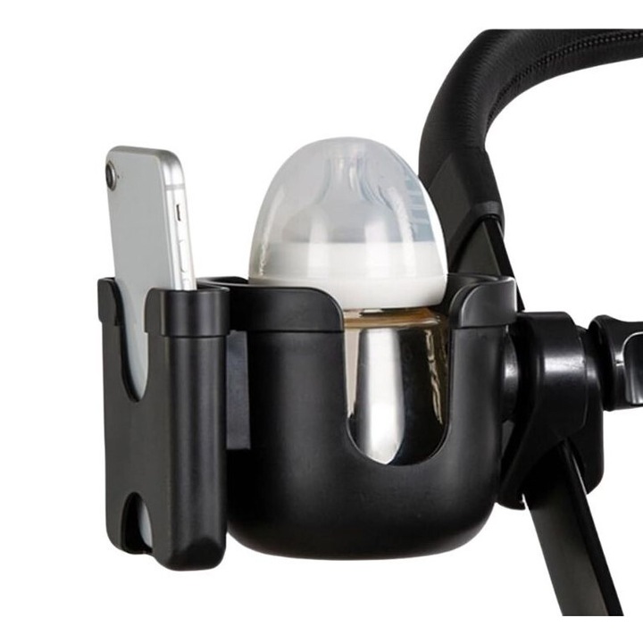 Suport 2 in 1 pentru Pahare si Telefon pentru Carucior, Universal pentru Carucior, Bicicleta, Scaun cu Rotile, Walker, Scooter, Negru