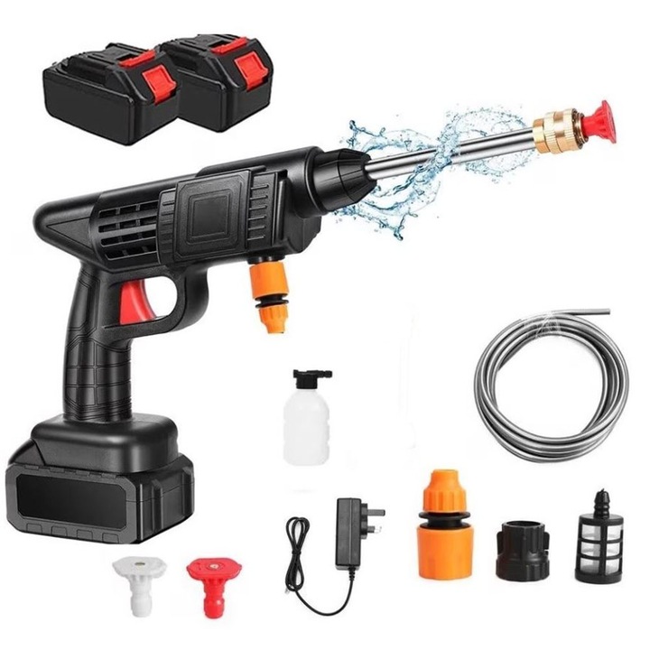 Aparat De Spalat Cu Presiune Fara Fir EDAR, Portabil, Ideal Pentru Terasa, Gradina, Casa, Curte, Masina, Bicicleta, Filtru Si Recipient Spuma Incluse, Doi Acumulatori, 3 Moduri De Spalare, Negru