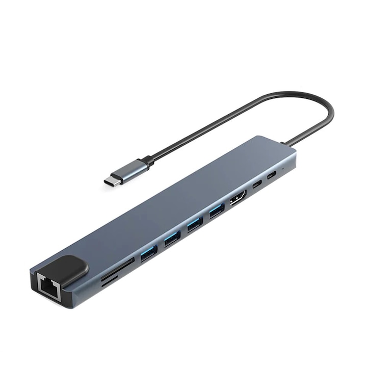 Хъб Omg USB 10 в 1, RJ45-100M, HDMI 4K, USB 3.0, USB 2.0, SD/TF, PD 100W, Алуминий, 18 см