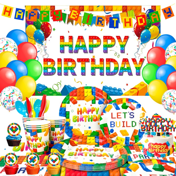 Set 114pcs vesela petrecere Lego, decoratiuni aniversare copii, Tematica blocuri constructie, baloane, Tacamuri, servetele, stegulete decorative, cupcake toppers etc, Accesorii pentru petrecere LEGO
