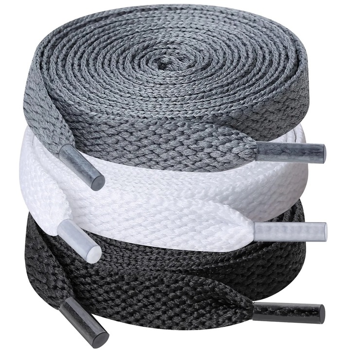 Set 3 perechi sireturi gri, alb, negru, latime de 8 mm pentru pantofi sport, 102 cm