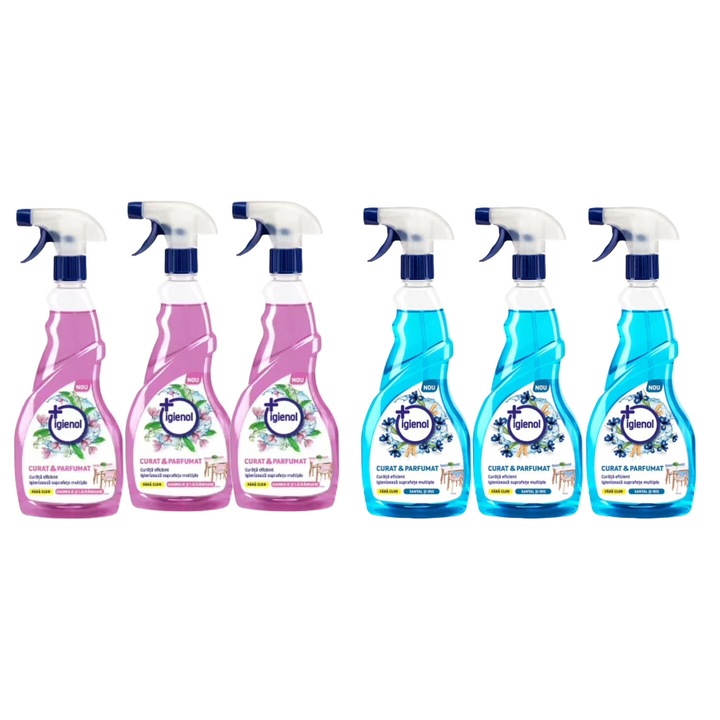 Set Curatenie Universal Igienol Variety, 3 x Solutie Dezinfectanta Multisuprafete 750ml Magnolie, 3 x Solutie Dezinfectant Multisuprafete 750ml Santal si Iris, rapid si eficient, testat dermatologic, prospetime de lunga durata, elimina mirosuri neplacute