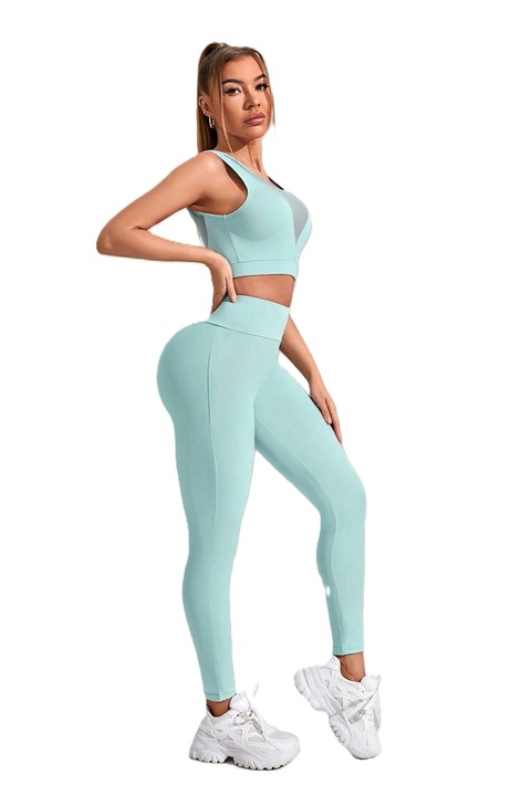 Set Sportiv Dama Din Doua Piese, Vesta Slim Fit Cu Insertii De Plasa Si Colanti, Albastru, Albastru