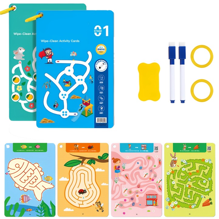 Set 2 Carti de Antrenament Labirint 128 Pagini, Dezvoltare Inteligenta, Reutilizabile, Multicolor, Coperta Cartonata