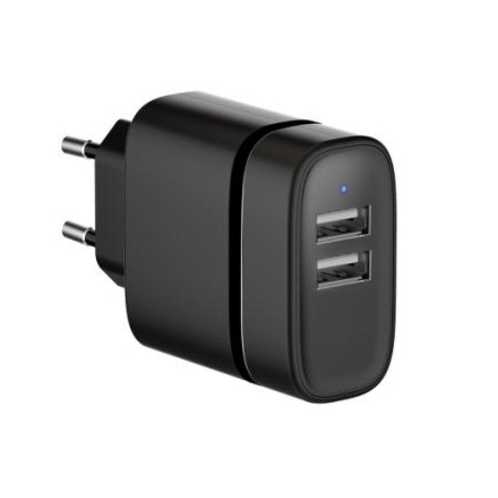 Incarcator retea e-SWC®, 2xUSB, 15 W, 3.4 A, Negru