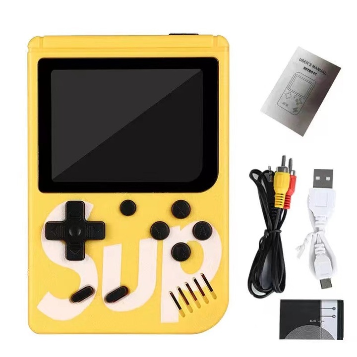 Consola de jocuri retro portabila, 400 jocuri incluse, ecran color 3 inch, suport TV, baterie reincarcabila, galben