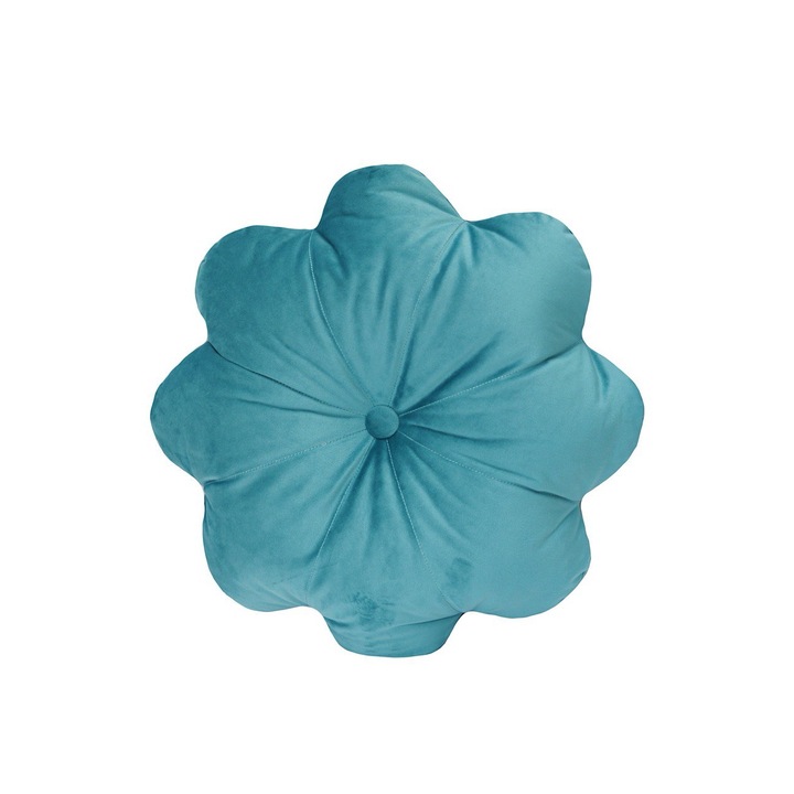 Perna Decorativa Puffet Floare din Catifea Turcoaz, 45 cm Diametru