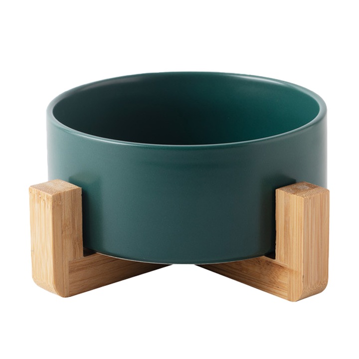 Bol ceramic pentru pisici si caini cu suport din lemn, AMRINUGL, verde inchis, usor de curatat