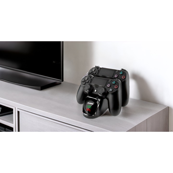 Statie de incarcare duala pentru controllere PS4, incarcare rapida 2.5h, indicator LED, negru