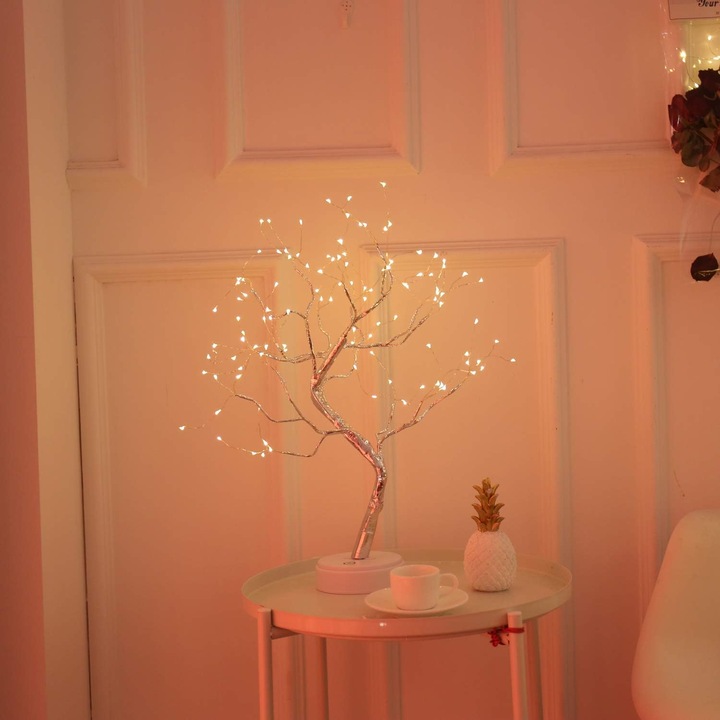 Lampa bonsai LED HERUSI, 108 LED, alb cald, 30x45cm, alimentare baterie/USB