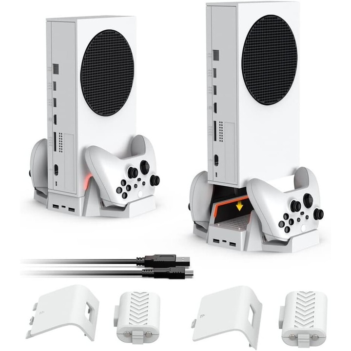 Suport vertical pentru Xbox Series S, statie de racire si incarcare, 2 suporturi pentru controlere, 2 baterii reincarcabile 800mAh, sistem de racire cu 2 ventilatoare, 2 porturi USB