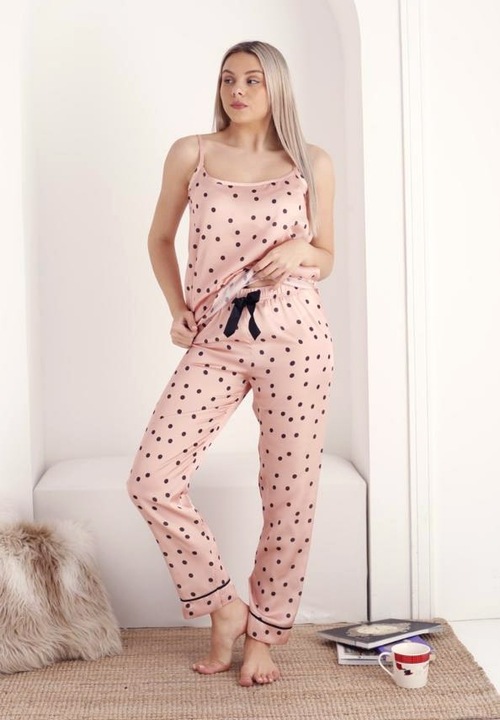 Сатенена пижама, тениска, дълъг панталон, Черен/Розово