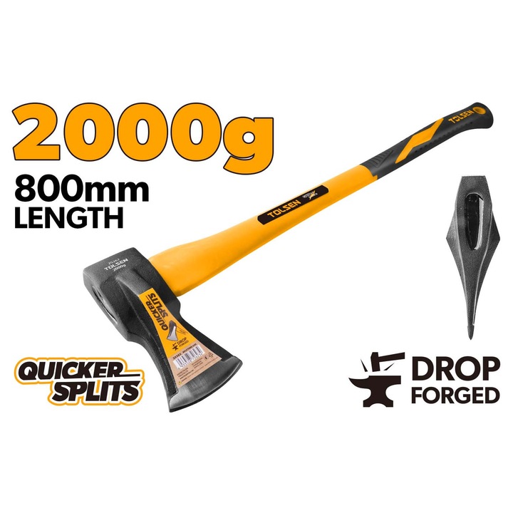 Topor despicat lemne GARDENEST by TOLSEN 2000g, Otel carbon 45# forjat si tratat termic, Maner din fibra de sticla rezistenta, Ideal pentru busteni si lemne de foc, rezistenta la uzura, cap otel lustruit, tais de precizie, prindere sigura si ergonomica