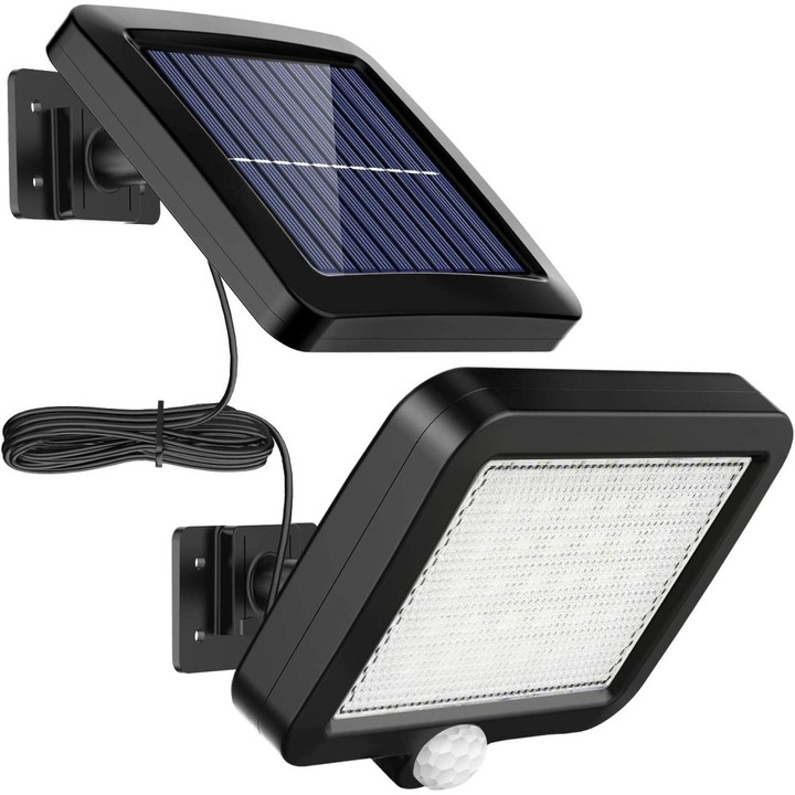 Lampa solara cu senzor de miscare, 56 LED-uri, lumina alba, IP65, 127x135mm panou solar, 148x130mm lampa, negru
