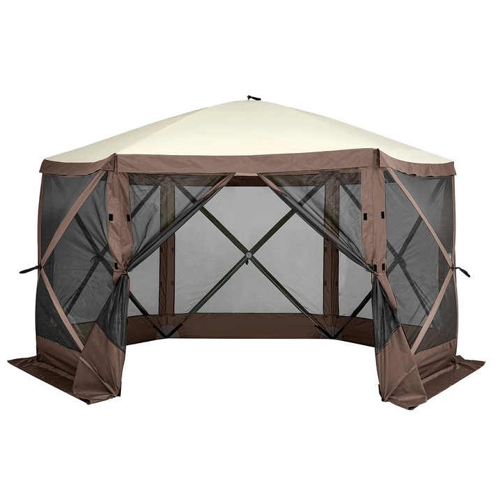 Pavilion de gradina cu 6 pereti laterali, Pliabil, 3.81 x 3.81 x 2.28 m, Maro, Geanta transport, UV