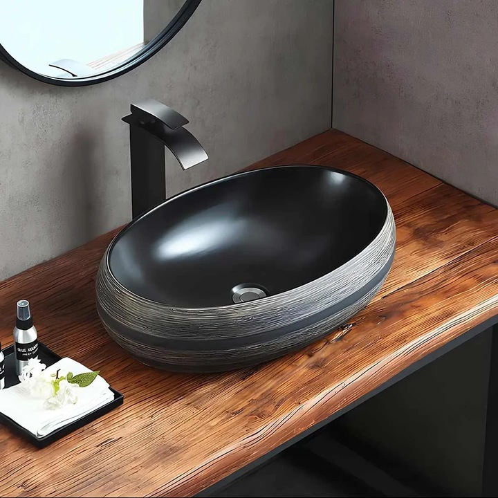 Lavoar Baie pe Blat WB6301GR 60x40cm, Material Portelan, Culoare Negru si Gri, Fara Preaplin