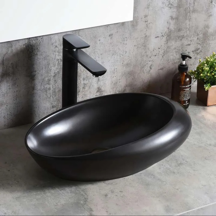 Lavoar Baie WB6331BL 48x31cm, Tip Montare pe Blat, Culoare Negru Mat, Forma Ovala, Fara Gaura Baterie, Fara Preaplin