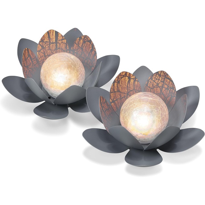 Lampi solare, Enforose, sfera din sticla crapata amber, cadru metalic gri, iluminare LED alb cald