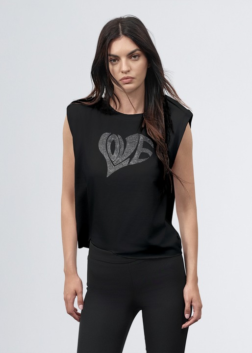 Tricou fara maneci, Paola Tienforti, cu Aplicatie Strass tip Inima, Negru, marime S