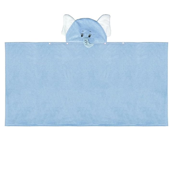 BOMSTOM kapucnis gyerek fürdőlepedő, elefánt dizájn, nedvszívó, kék, 90x150cm
