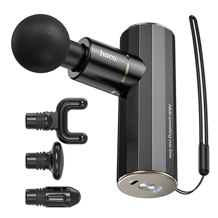 Aparat de Masaj Mini, Hoco HP50 Massager, 4 Capete si Viteze Multiple, 2000mAh, Negru