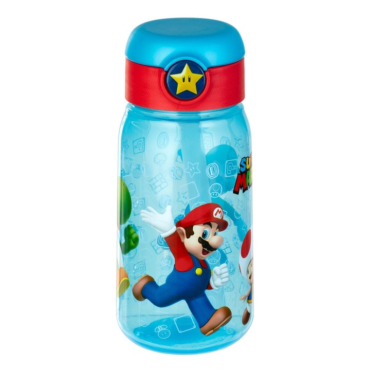 Детска бутилка за вода, Super Mario, изскачащ механизъм, синя, вместимост 0, 51 л