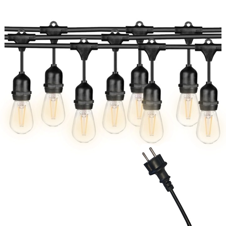 SIKS Füzér, Girland izzókkal beltéri/kültéri/kerti, tápegységgel, LED ingák, 15 méter, meleg fény, összekapcsolható, 2W, 3000K, IP65, fekete