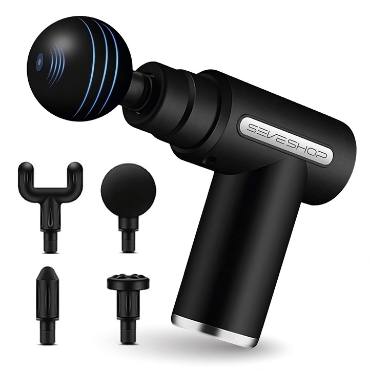 Aparat de Masaj, SeveShop®, Profesional, Pistol Masaj cu 4 Capete, 6 Trepte de Viteza, Motor Silentios, 3200 Percutii/minut, 1800mAh, Aparat Masaj Picioare Profund pentru Spate, Umeri, Picioare, Coapse, Abdomen, Design Ergonomic, Pistol Masaj Negru-Gri