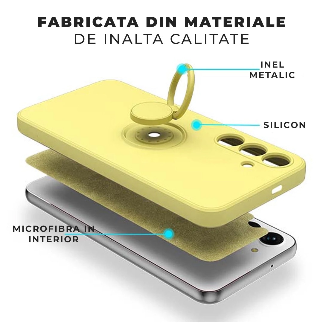 Husa pentru Samsung A55 DaDen cu inel rotativ 360, Silicon Premium, Camera Protection, Antisoc, Galben