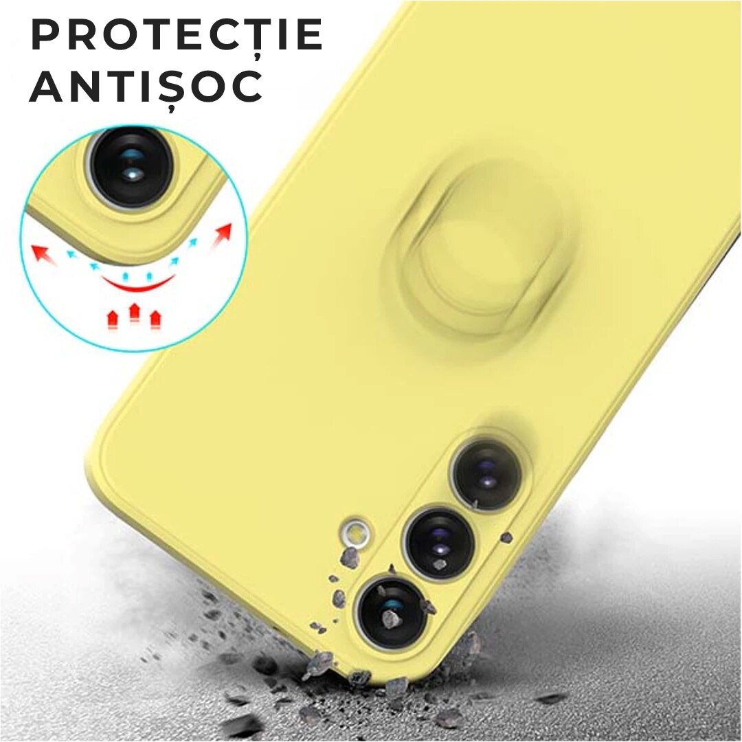 Husa pentru Samsung A55 DaDen cu inel rotativ 360, Silicon Premium, Camera Protection, Antisoc, Galben
