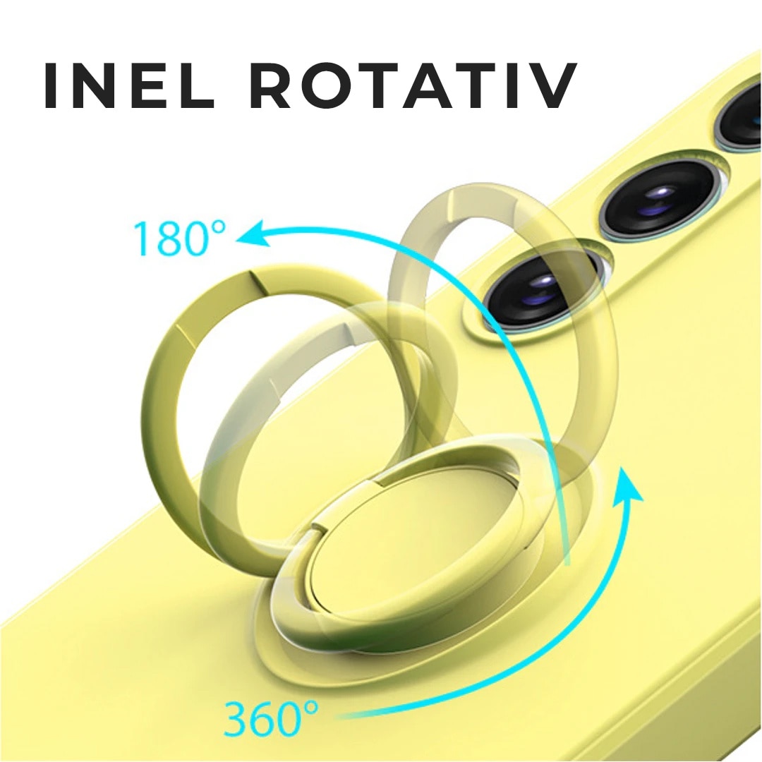 Husa pentru Samsung A55 DaDen cu inel rotativ 360, Silicon Premium, Camera Protection, Antisoc, Galben