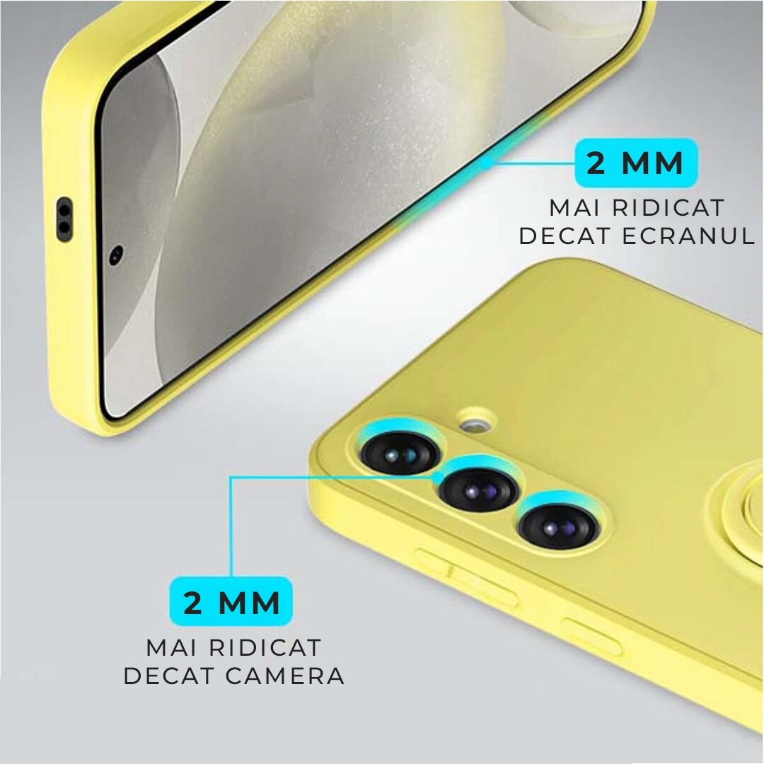 Husa pentru Samsung A55 DaDen cu inel rotativ 360, Silicon Premium, Camera Protection, Antisoc, Galben
