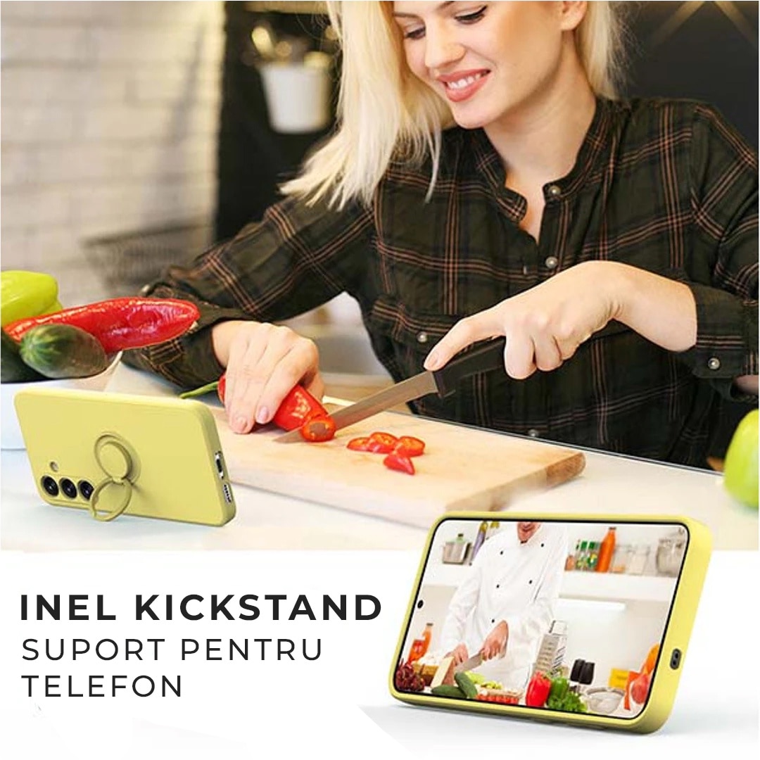 Husa pentru Samsung A55 DaDen cu inel rotativ 360, Silicon Premium, Camera Protection, Antisoc, Galben