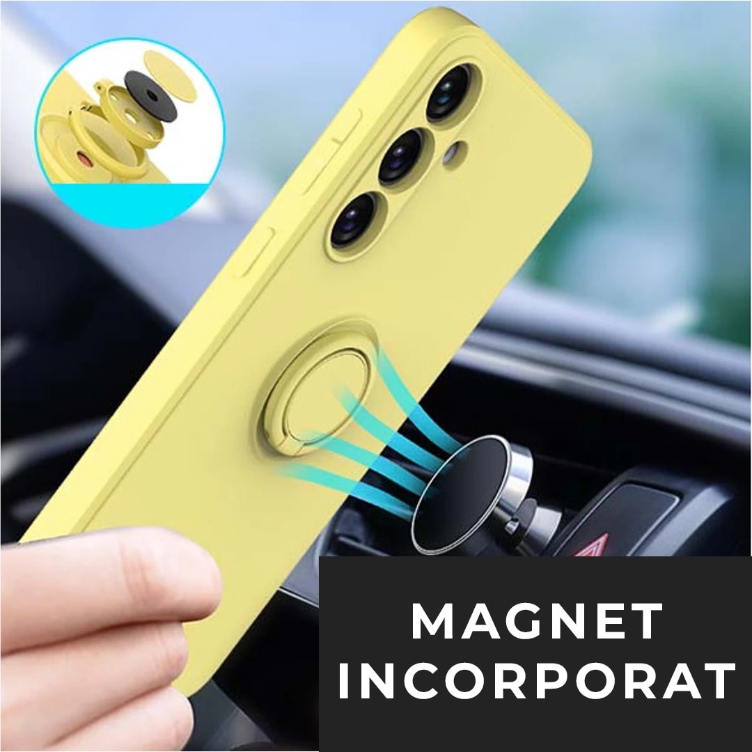 Husa pentru Samsung A55 DaDen cu inel rotativ 360, Silicon Premium, Camera Protection, Antisoc, Galben