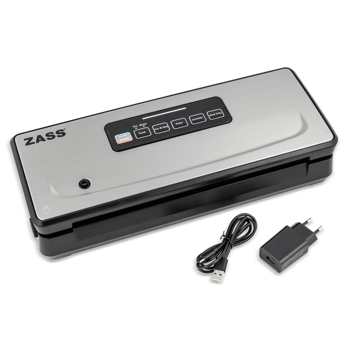 Aparat de vidat cu acumulator ZASS ZVS 11 R pentru uz casnic, Capacitate baterie 2000 mAh, Cablu si Adaptor priza USB-C incluse, Panou tactil digital, Latime de etansare 30 cm, Negru-Argintiu
