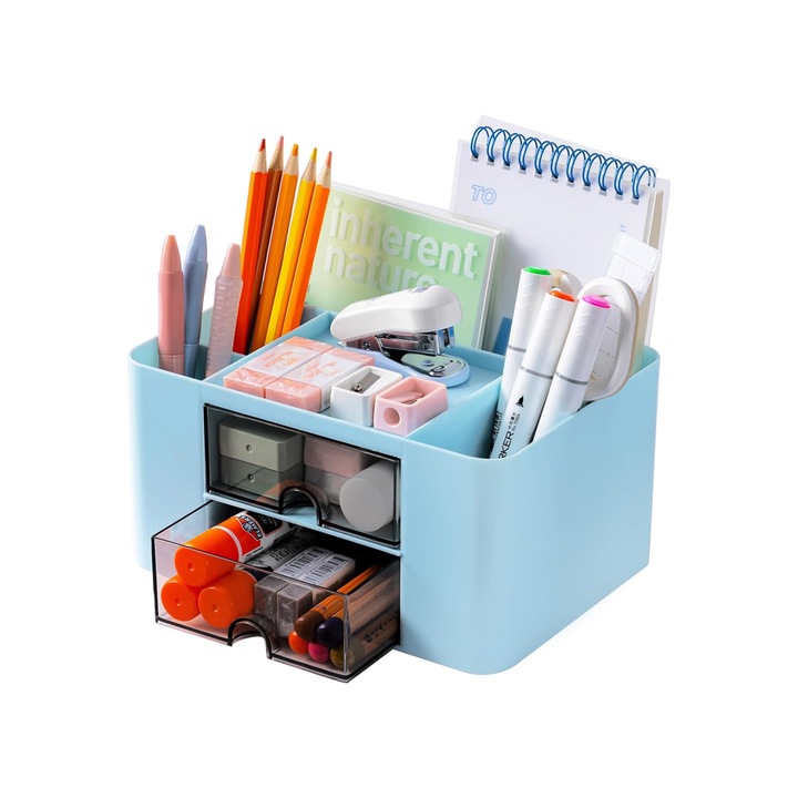 Tartó tollnak, sminkecsetnek vagy kozmetikumoknak, 5 rekesz, 2 fiók, Nagy kapacitás, 20 x 14,5 x 10 cm, Műanyag, Világoskék