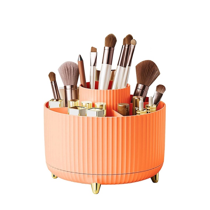 Suport rotativ pentru pixuri, pensule de machiaj sau cosmetice, 5 compartimente, Capacitate mare, 12.5 x 14.5 cm, Plastic, Portocaliu