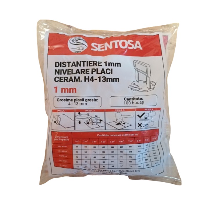 Distantiere nivelare placi ceramice, 1mm, 100 buc, Sentosa