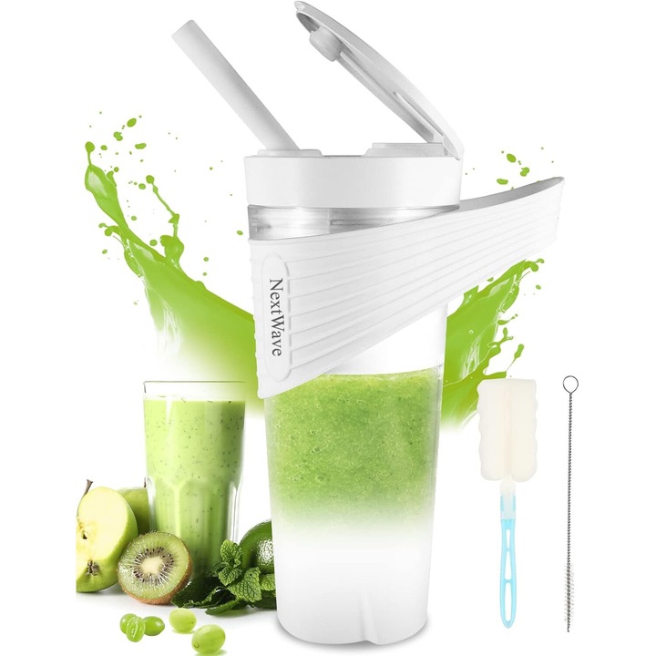 Mini Blender Electric NextWave™, Portabil, Multifunctional, Auto-curatare, Autonomie Mare, Baterie reincarcabila 4000mAh, Smoothie, legume si fructe, Milk shake, Fresh, 460 ml, 6 Lame 3D, alb