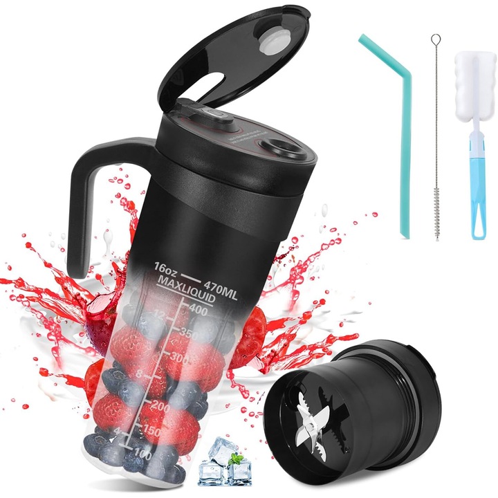 Преносим електрически блендер Mini Blender Electric NextWave™, Преносим, Мултифункционален, Самопочистващ се, Висока автономност, Акумулаторна батерия 4000mAh, Смути, зеленчуци и плодове, Млечен шейк, Fresh, 470 ml, 6 3D остриета, черен