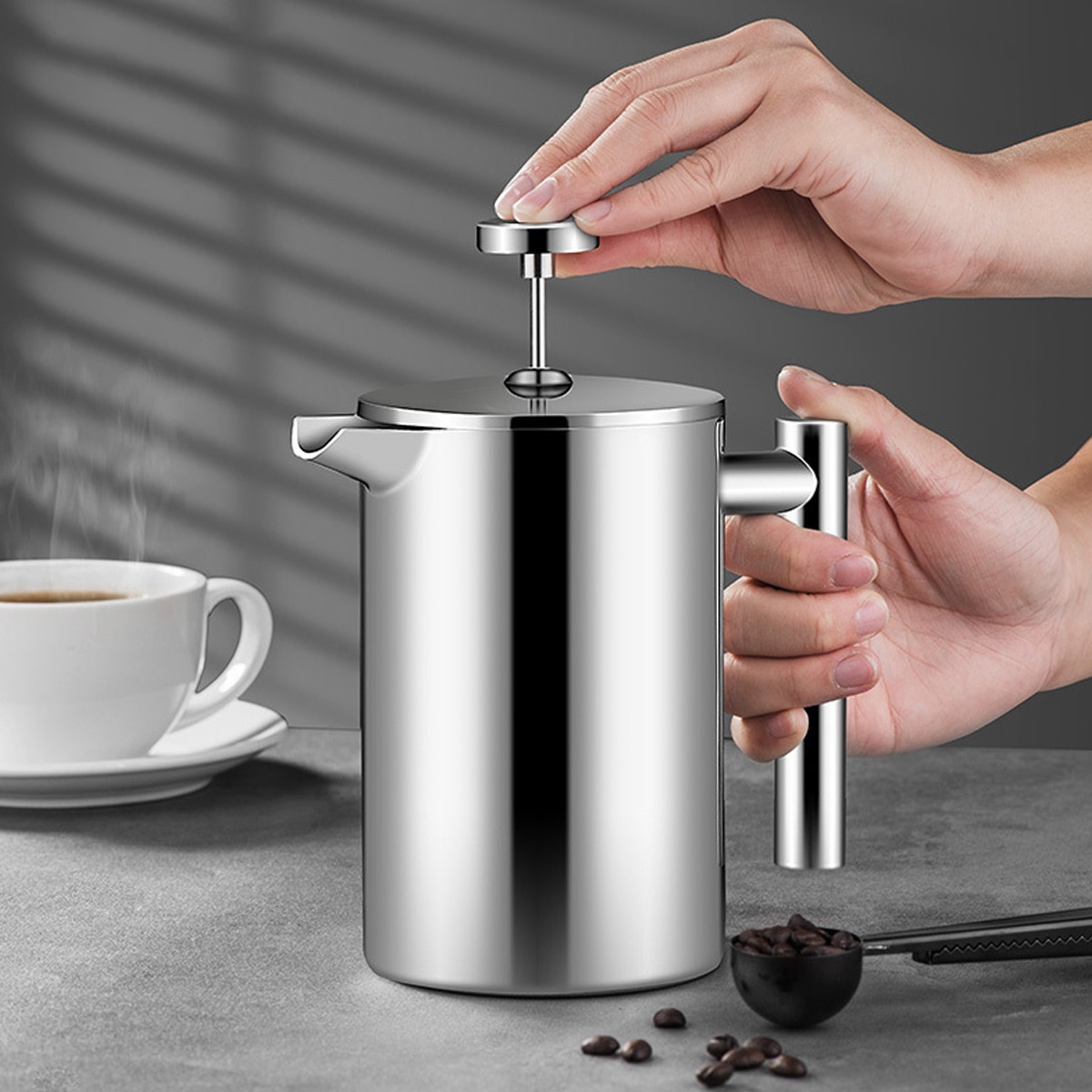 Cafetiera franceza, otel inoxidabil, 800ml, dublu perete, filtru triplu strat