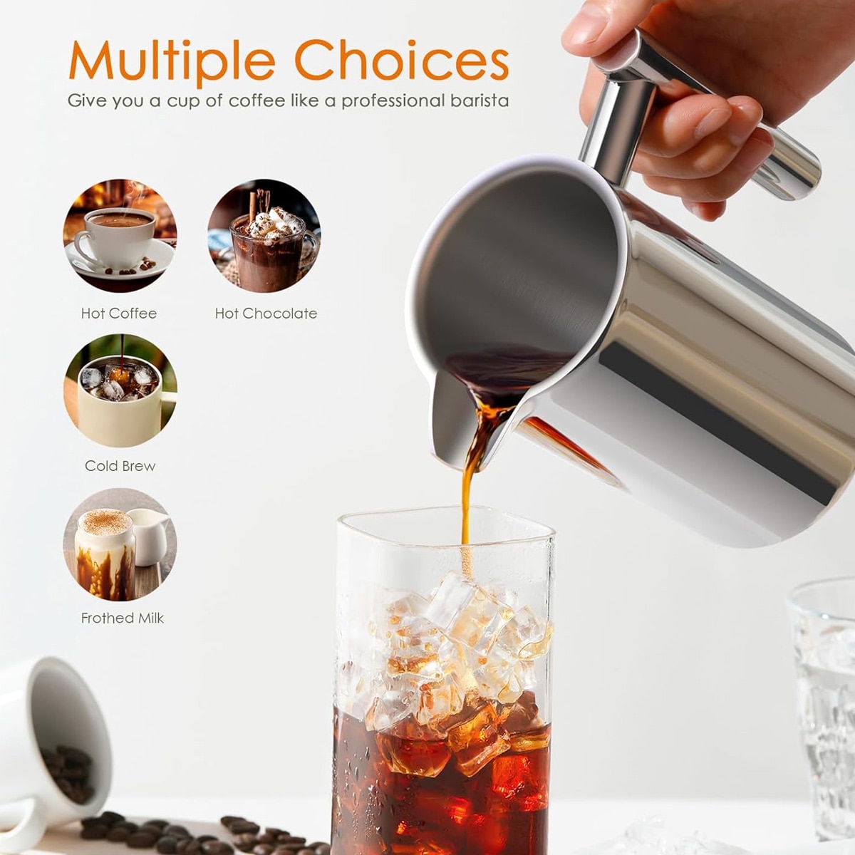Cafetiera franceza, otel inoxidabil, 800ml, dublu perete, filtru triplu strat