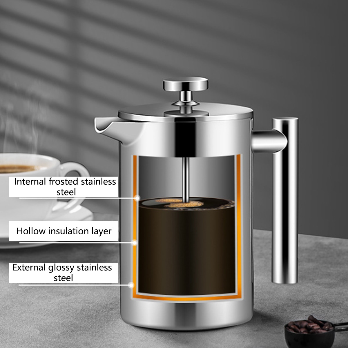 Cafetiera French Press, inox, dublu perete, 1000ml, filtru triplu, 22x17.5x10.5cm