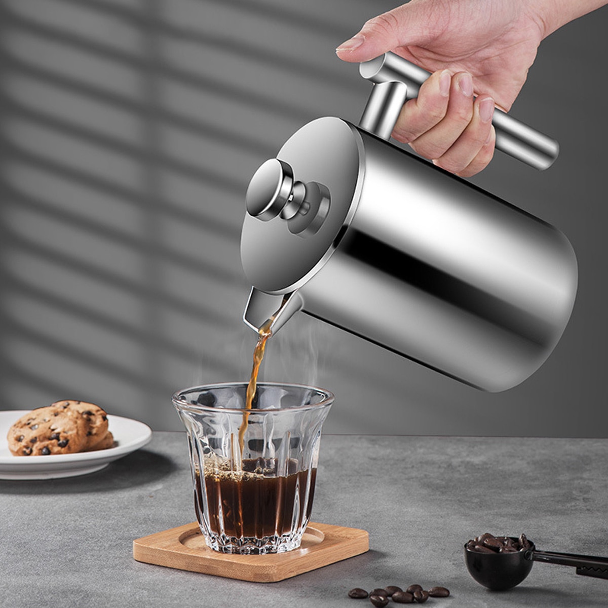 Cafetiera French Press, otel inoxidabil, izolatie dublu perete, filtru triplu, 22x17.5x10.5cm, 1000ml