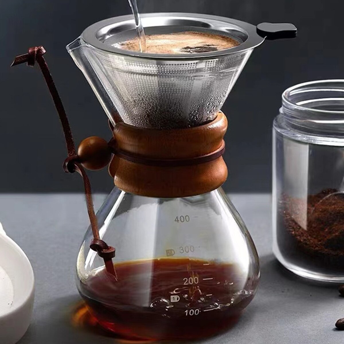 Set cafetiera pour over sticla borosilicata, filtru inox reutilizabil, guler lemn, 600ml