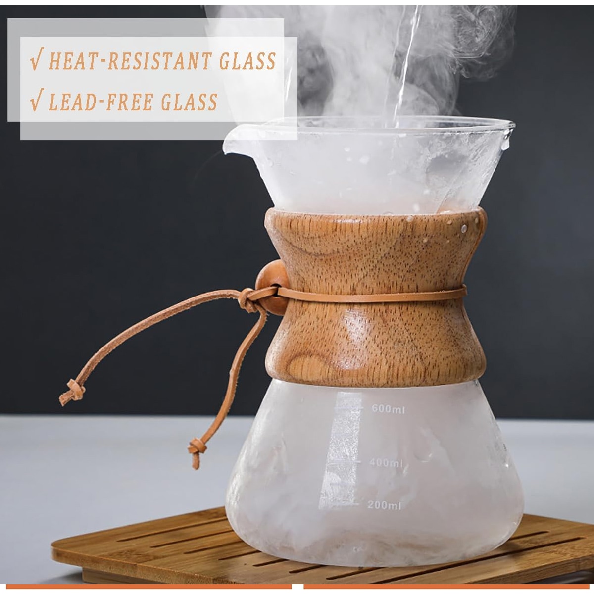 Set cafetiera pour over sticla borosilicata, filtru inox reutilizabil, guler lemn, 600ml