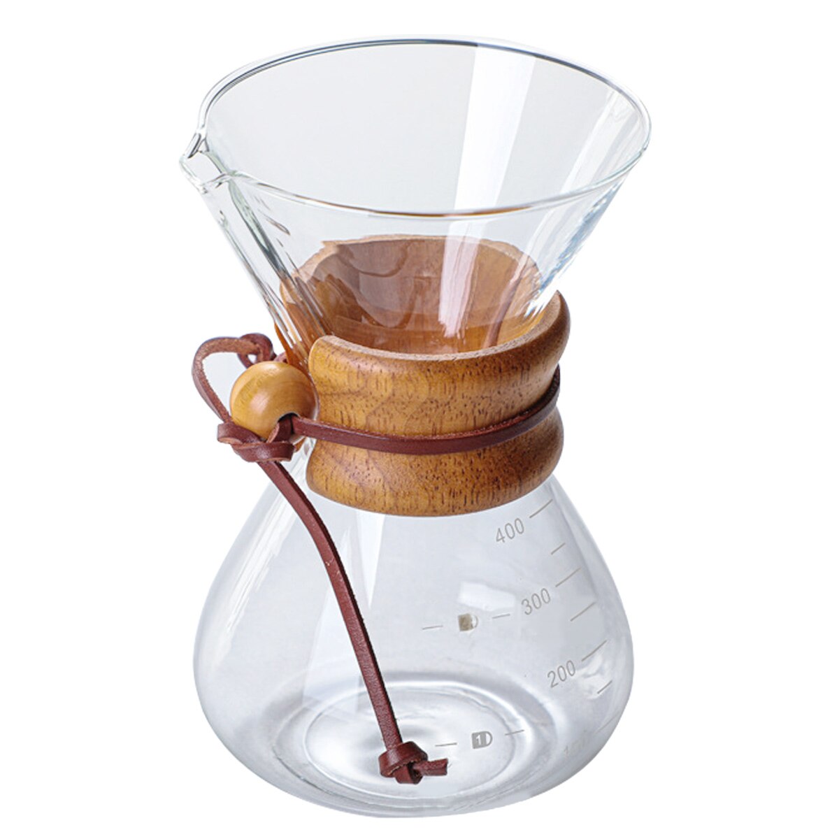 Set cafetiera pour over sticla borosilicata, filtru inox reutilizabil, guler lemn, 600ml