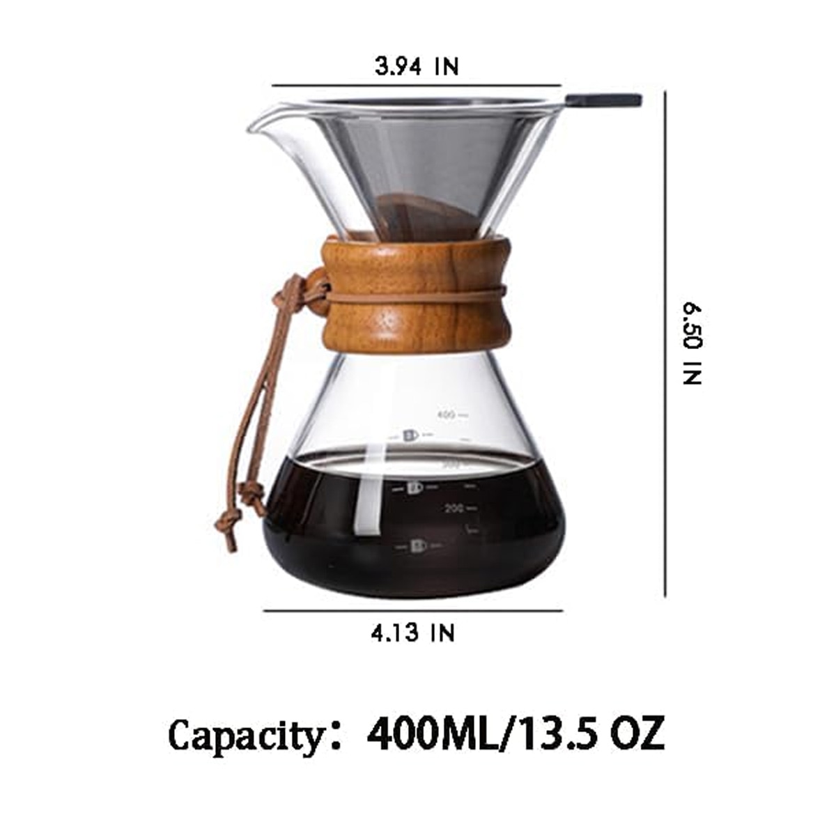 Set cafetiera pour over sticla borosilicata, filtru inox reutilizabil, guler lemn, 600ml
