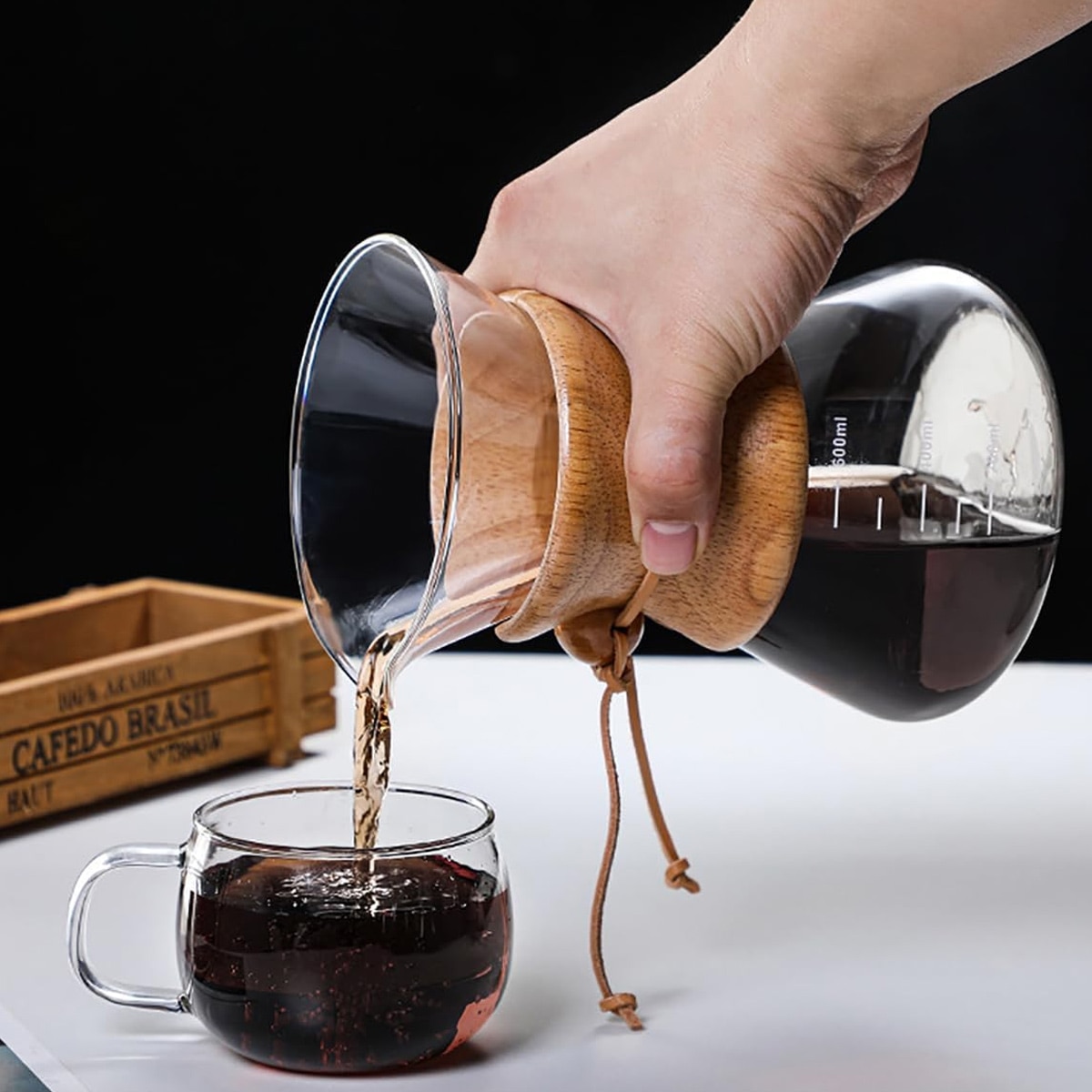 Set cafetiera pour over sticla borosilicata, filtru inox reutilizabil, guler lemn, 600ml